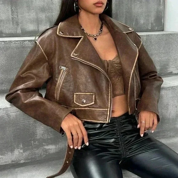 Brown Casual Women's Washed Fabric Moto Jacket - Picture 3 of 7